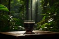 AI Generative. Black coffee in glass cup on wood table. Forest blue background