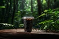 AI Generative. Black coffee in plastic cup on wood table. Forest blue background