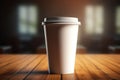 Ai Generative Blank paper coffee cup mockup on wooden table in cafÃ©. 3d rendering