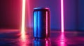 Blue beverage can with neon light and wet surface. Royalty Free Stock Photo