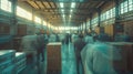 Blurred figures of busy workers and boxes in an industrial warehouse.