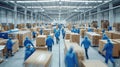 Blurred movement of workers in a busy, expansive warehouse.