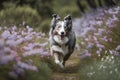 AI GENERATIVE, Border collie running and jumping along a path of flowers