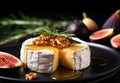 Ai generative. Camembert cheese with fig fruits, honey, walnuts and rosemary