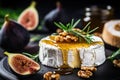 Ai generative. Camembert cheese with fig fruits, honey, walnuts and rosemary