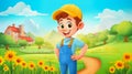 cartoon illustration of a friendly happy farmer standing on his farmland