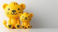 Cartoonish 3D lions, parent and child, white backdrop.
