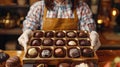 Chocolatier presenting a selection of fine chocolates.