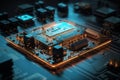 Ai Generative Circuit board with microchips close up. Electronic computer hardware technology. 3d rendering