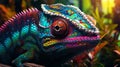 AI Generative. Close up of colorful chameleon. DMT Art style