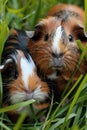 Close-up of two guinea pigs nestled in the grass. Royalty Free Stock Photo