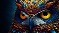 AI Generative. Closed up colorful fave and eye of owl
