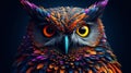 AI Generative. Closed up colorful fave and eye of owl