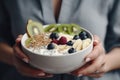 AI GENERATIVE, Closeup image of a woman holding a plate of healthy breakfast