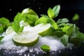 Ai generative. Closeup of a ingredients, lime, sugar, ice, mint leaves