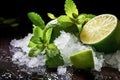 Ai generative. Closeup of a ingredients, lime, sugar, ice, mint leaves