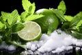 Ai generative. Closeup of a ingredients, lime, sugar, ice, mint leaves