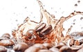 AI generative. Coffee beans with splash on white