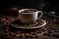 Ai Generative Coffee cup and coffee beans on a dark wooden background Royalty Free Stock Photo