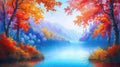 Colorful trees by a blue lake in a serene autumn scene. Royalty Free Stock Photo