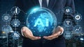 AI generative concept with programmer hand holding virtual command interface of machine learning to analyses data