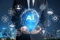 AI generative concept with programmer hand holding virtual command interface of machine learning to analyses data