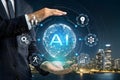 AI generative concept with programmer hand holding virtual command interface of machine learning to analyses data