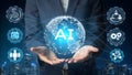AI generative concept with programmer hand holding virtual command interface of machine learning to analyses data