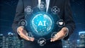 AI generative concept with programmer hand holding virtual command interface of machine learning to analyses data