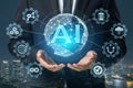 AI generative concept with programmer hand holding virtual command interface of machine learning to analyses data