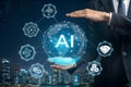 AI generative concept with programmer hand holding virtual command interface of machine learning to analyses data