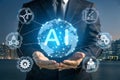 AI generative concept with programmer hand holding virtual command interface of machine learning to analyses data