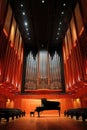 A concert hall with a grand piano and a large pipe organ in the background. Royalty Free Stock Photo