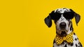 cool dalmatian portrait with black sunglasses and a yellow dotted bow tie on yellow background with copy space