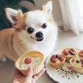 AI generative Cute dog with meat tart on a wooden tray