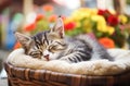 AI generative. Cute tabby kitten sleeping in a basket