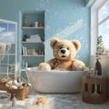 AI generative Cute teddy bear in bathtub in bathroom. 3D rendering