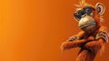 A 3D orangutan with crossed arms wearing glasses on an orange background.