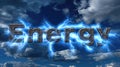 3D text Energy with electric arcs on cloudy sky backdrop. Royalty Free Stock Photo