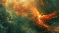 Digital art of a mythical phoenix with fiery wings in a cosmic setting. Royalty Free Stock Photo