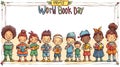 Diverse group of children holding books with World Book Day banner above. Royalty Free Stock Photo