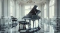 Elegant black grand piano in a luxurious white room with classical architecture and reflections on the floor. Royalty Free Stock Photo