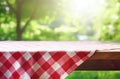 AI generative. Empty picnic table with defocused lush foliage background