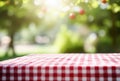 AI generative. Empty picnic table with defocused lush foliage background