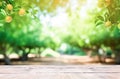 AI generative. Empty picnic table with defocused lush foliage background