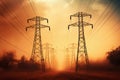 AI generative. Energy Transmission towers with golden sky