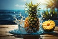 Exotic fruit pineapple in splashing water on summer swimming pool vacation background AI Generative Royalty Free Stock Photo
