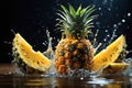 Exotic fruit pineapple in splashing water on summer swimming pool vacation background AI Generative Royalty Free Stock Photo