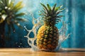 Exotic fruit pineapple in splashing water on summer swimming pool vacation background AI Generative Royalty Free Stock Photo