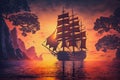 pirate ship in sunset, ai generative illustration